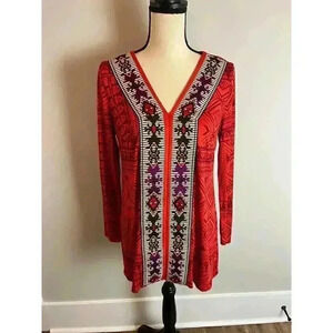 Soft Surroundings Southwestern Aztec 3/4 Sleeve Embroidered Women's S Blouse Red